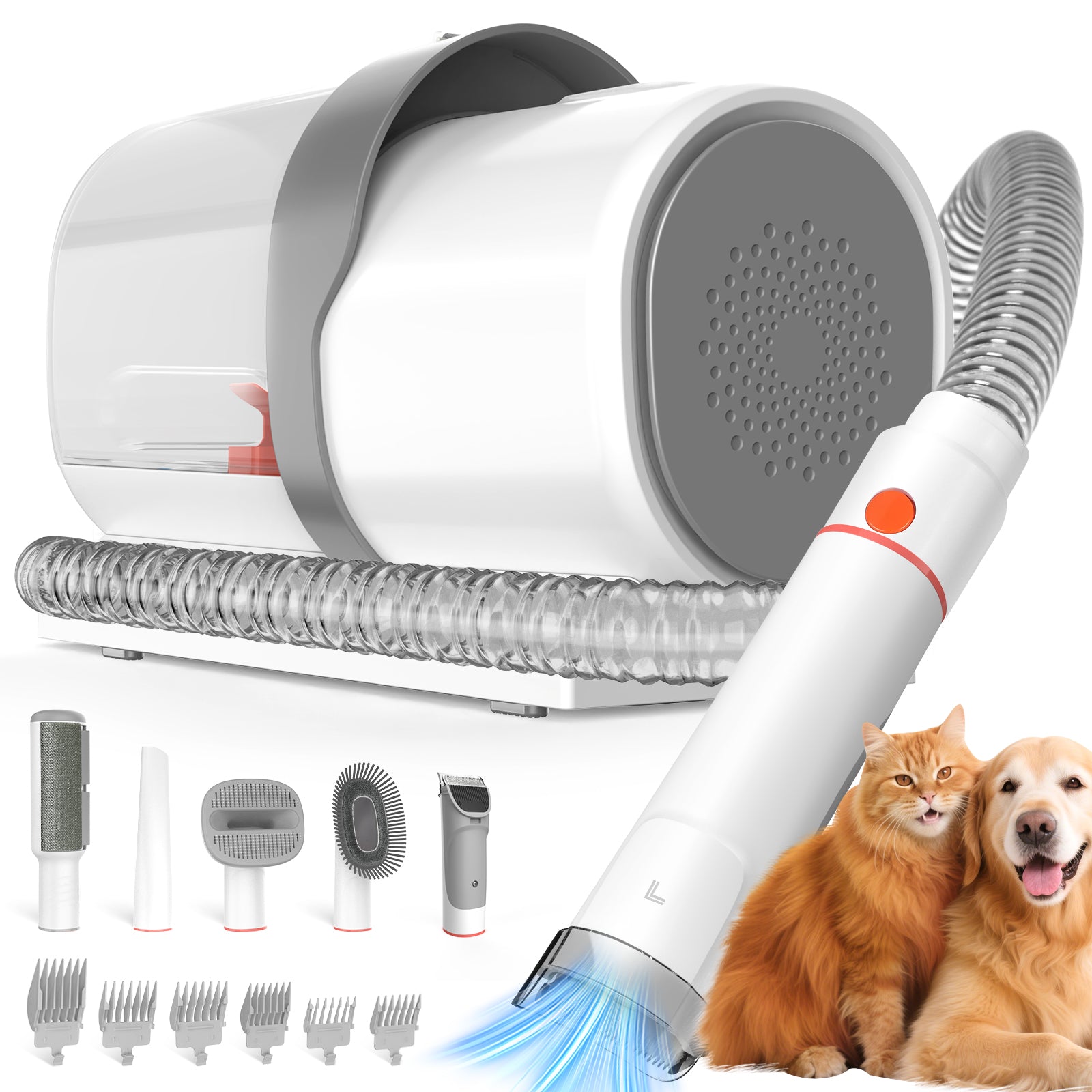 Pet grooming tool set with attachments and two pets on a white background