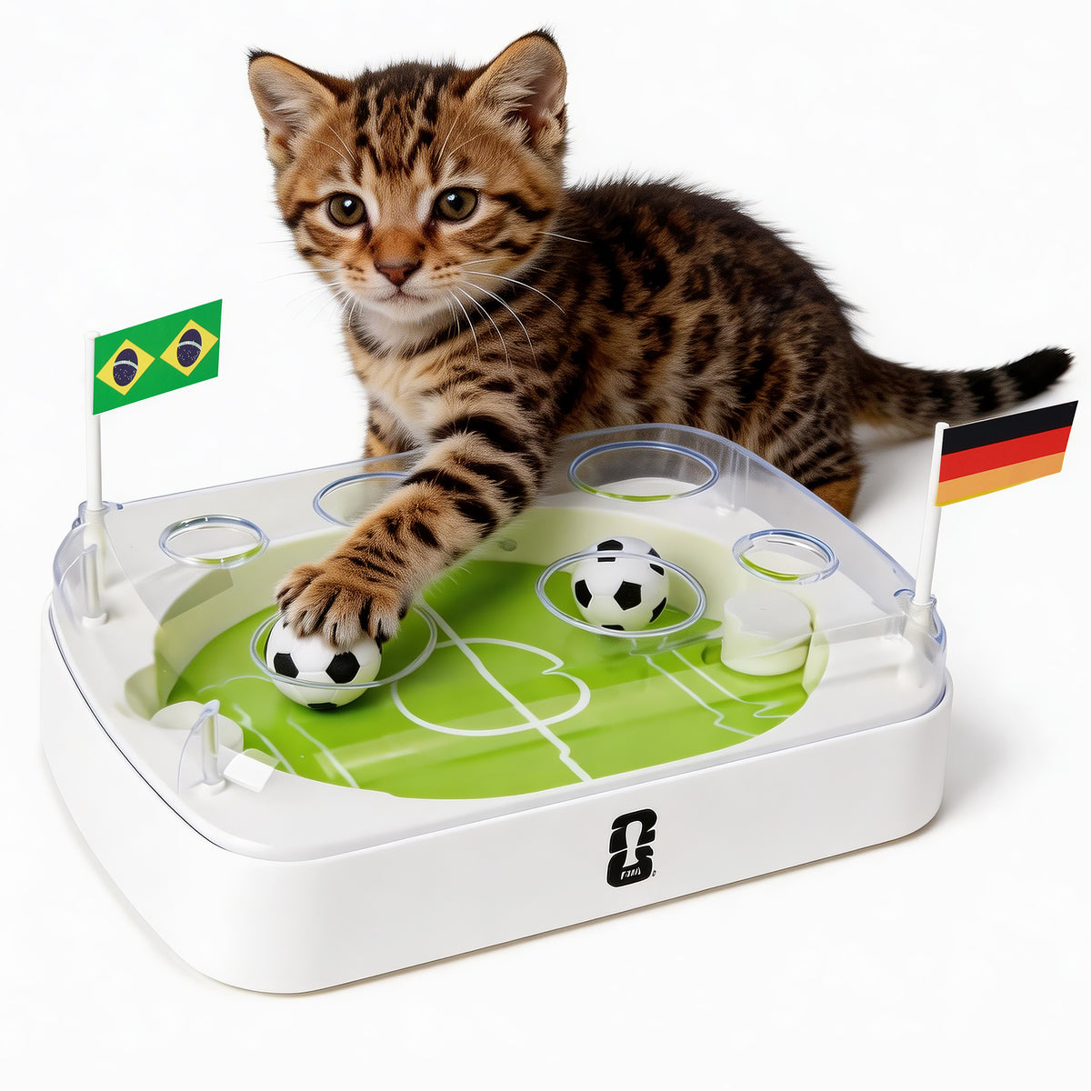 Kitten playing with a pet toy resembling a soccer field with flags on a white background