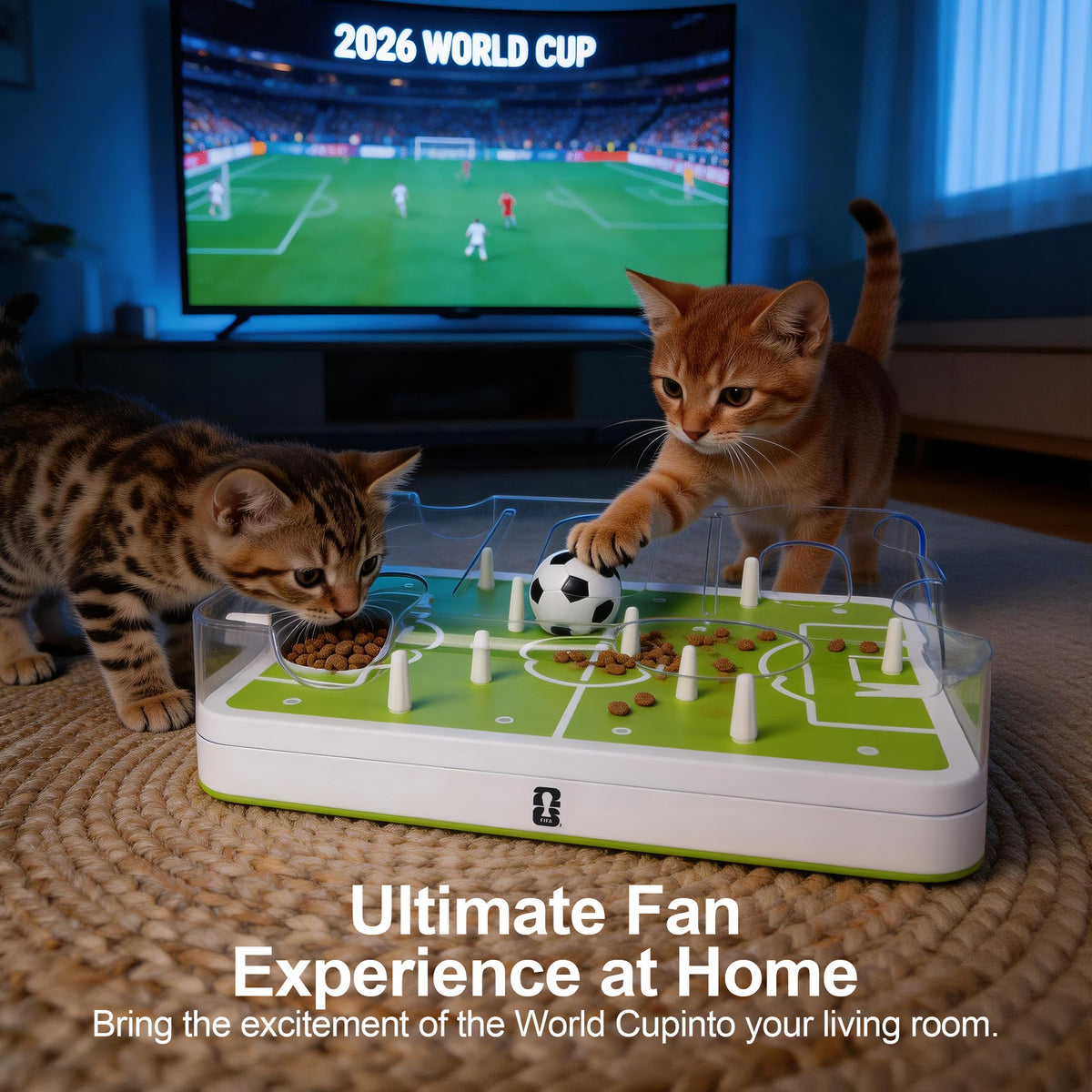 Two cats playing with a soccer-themed toy set in front of a TV displaying the 2026 World Cup.