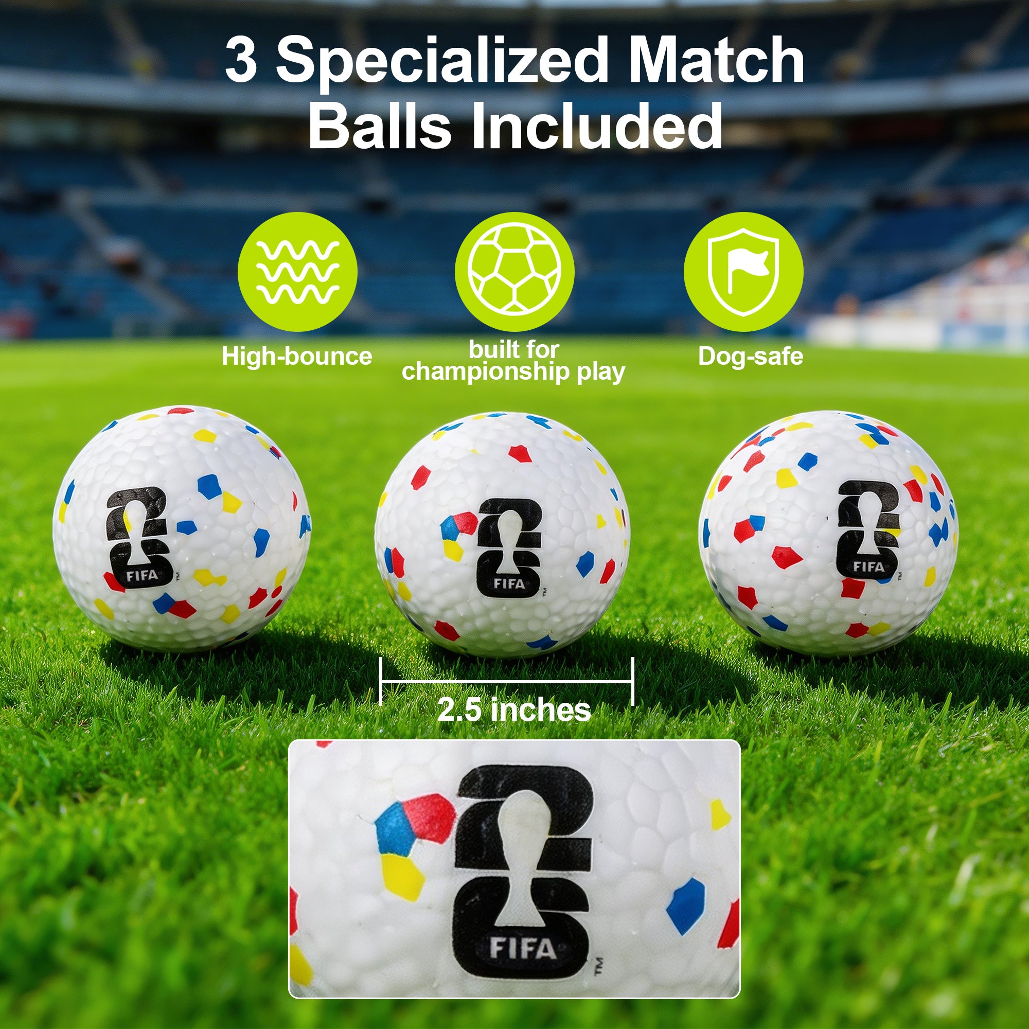 Three soccer balls with FIFA logo on grass field, labeled for high-bounce, championship play, and dog-safe.