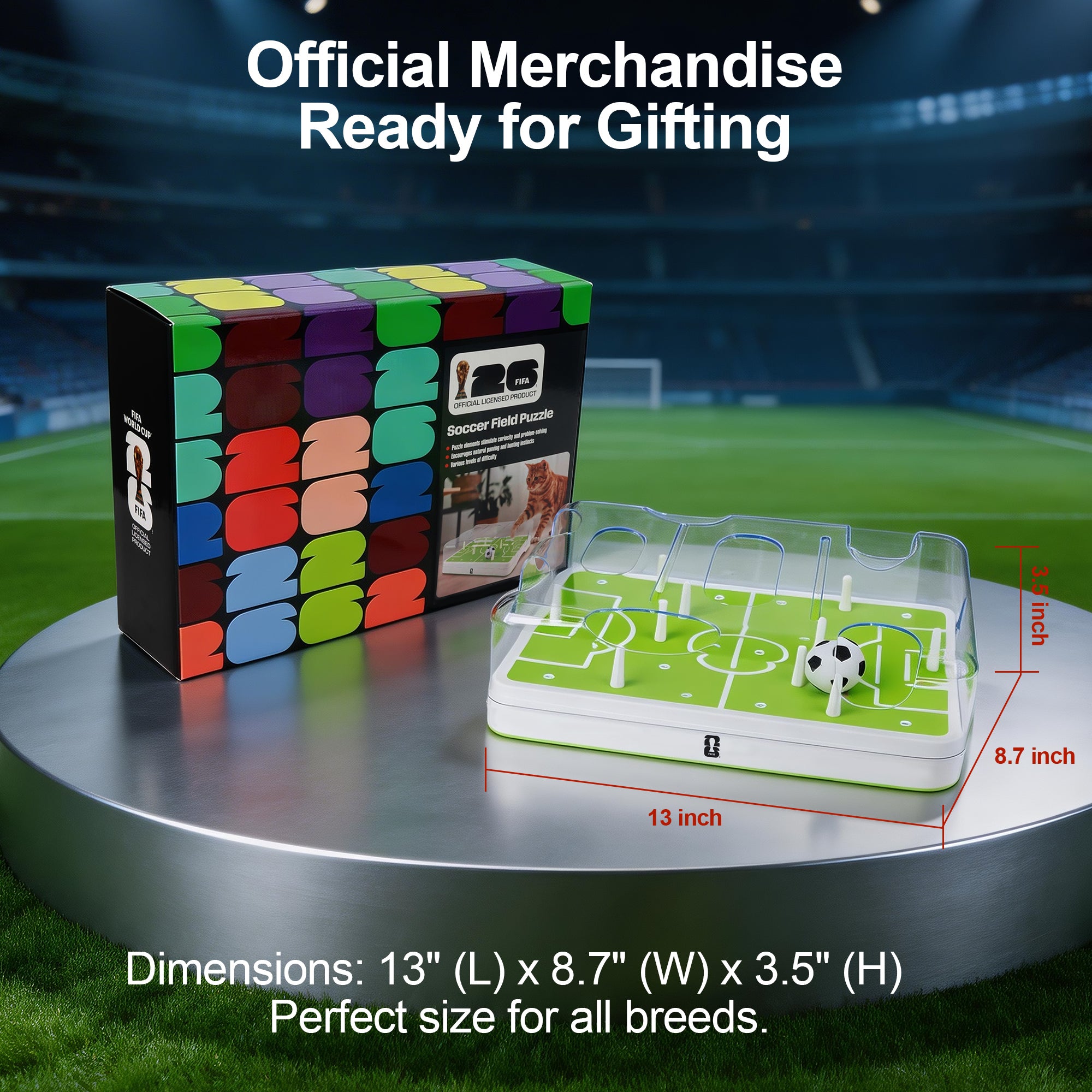 Soccer-themed Rubik's Cube puzzle with packaging on a sports field background