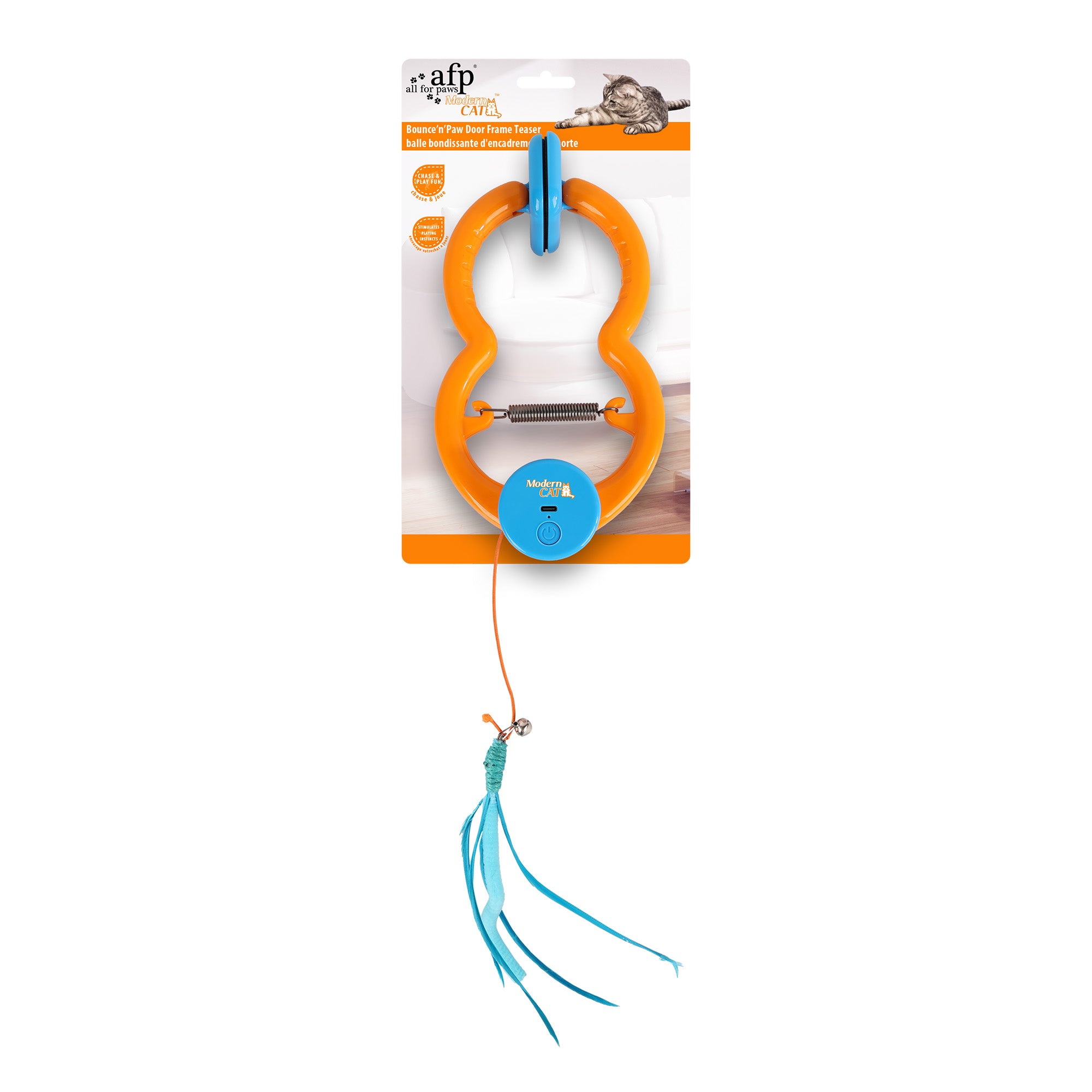 Cat toy with orange and blue design on a white background