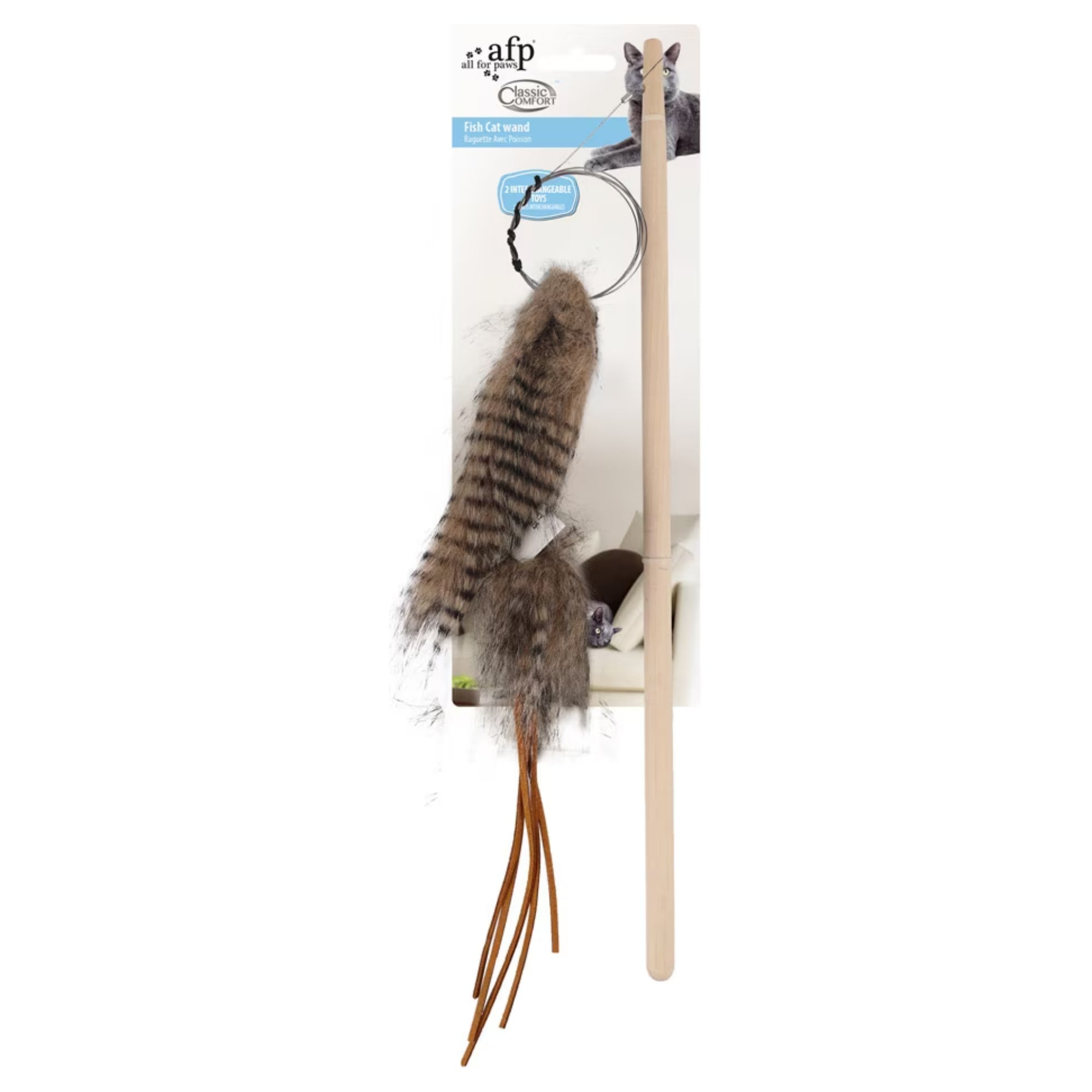 A pet toy set in its original retail packaging, featuring a brown and black striped feather wand with long brown tails and a light-colored wooden stick, branded with 'the afp'.