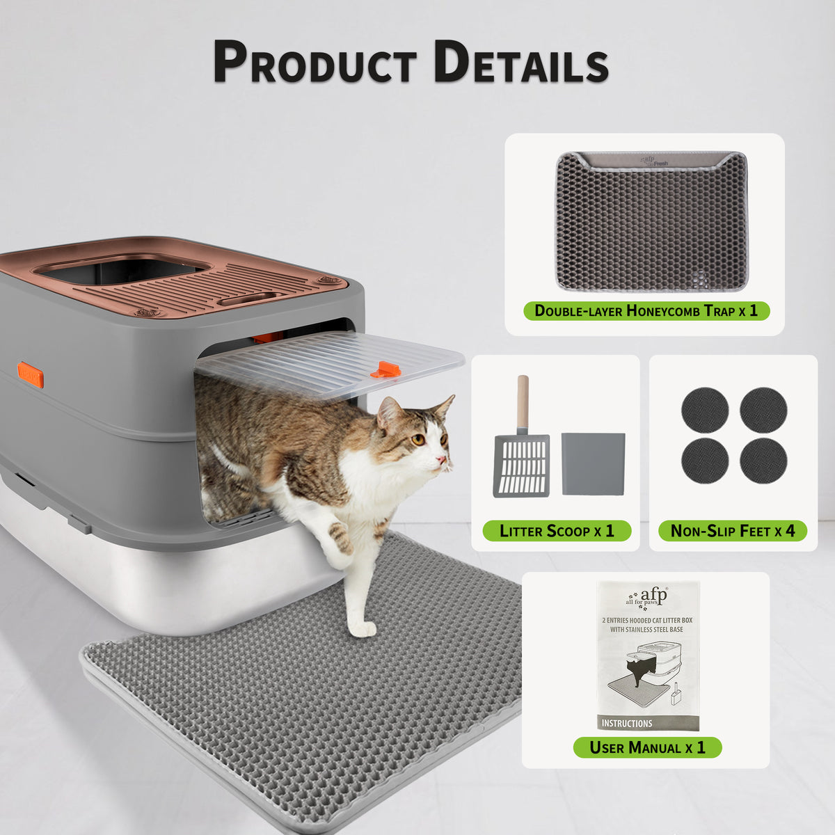 Go Fresh - Cat Litter Box - 2 Entries Hooded Cat Litter Box With Stainless Steel Base