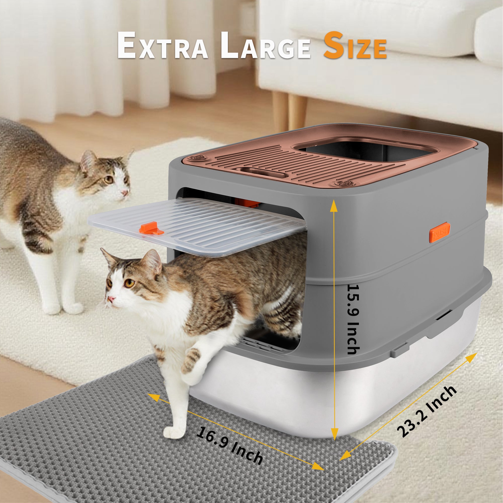 Go Fresh - Cat Litter Box - 2 Entries Hooded Cat Litter Box With Stainless Steel Base