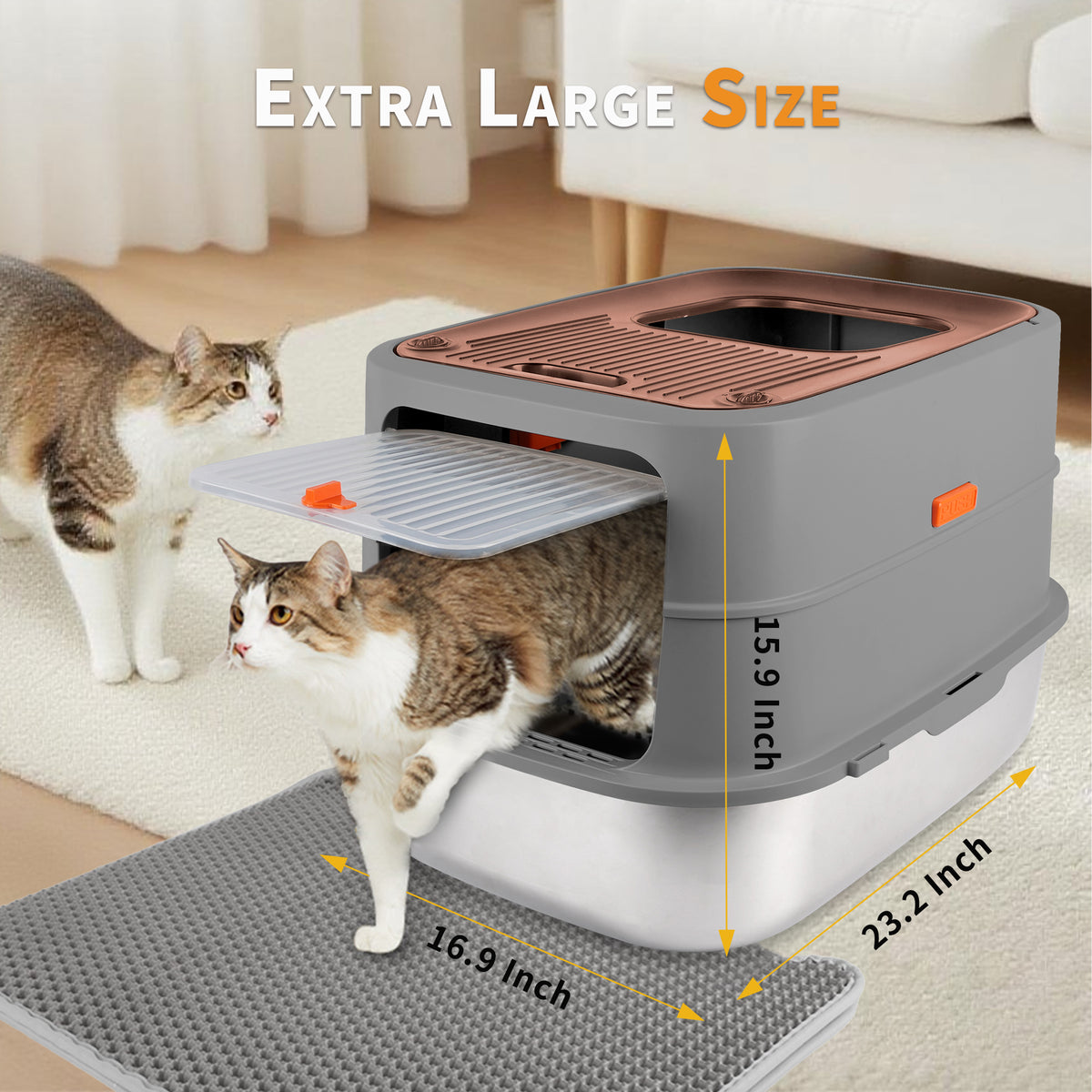 Go Fresh - Cat Litter Box - 2 Entries Hooded Cat Litter Box With Stainless Steel Base