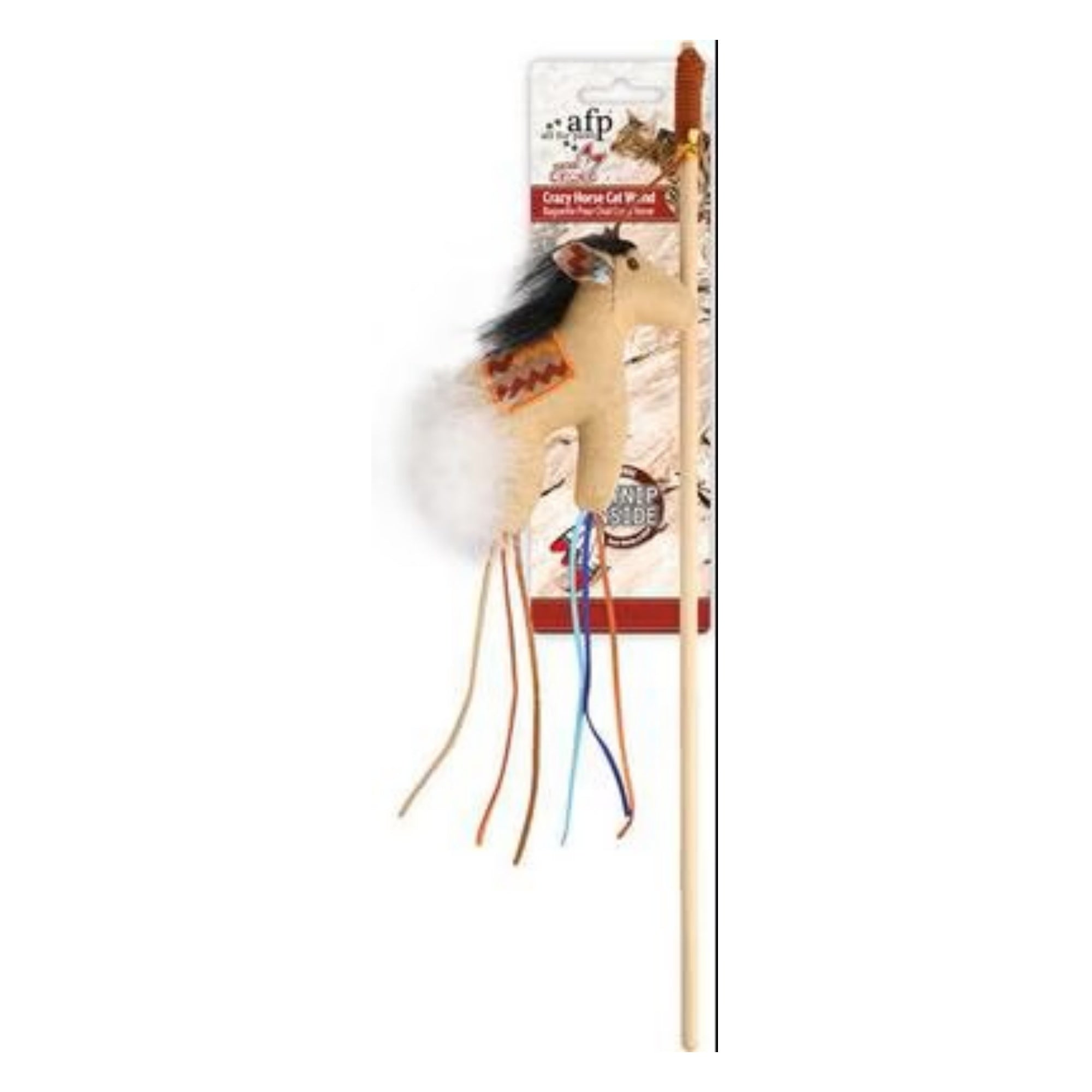 A cat toy stick with a plush horse, feather, and hanging colored strings, attached to its retail packaging card against a white background.