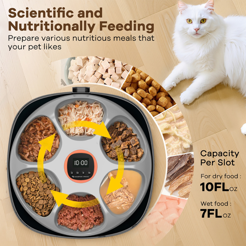 Smart 6-Meal Automatic Pet Feeder, Black, Programmable Timed Feeding for Dogs & Cats