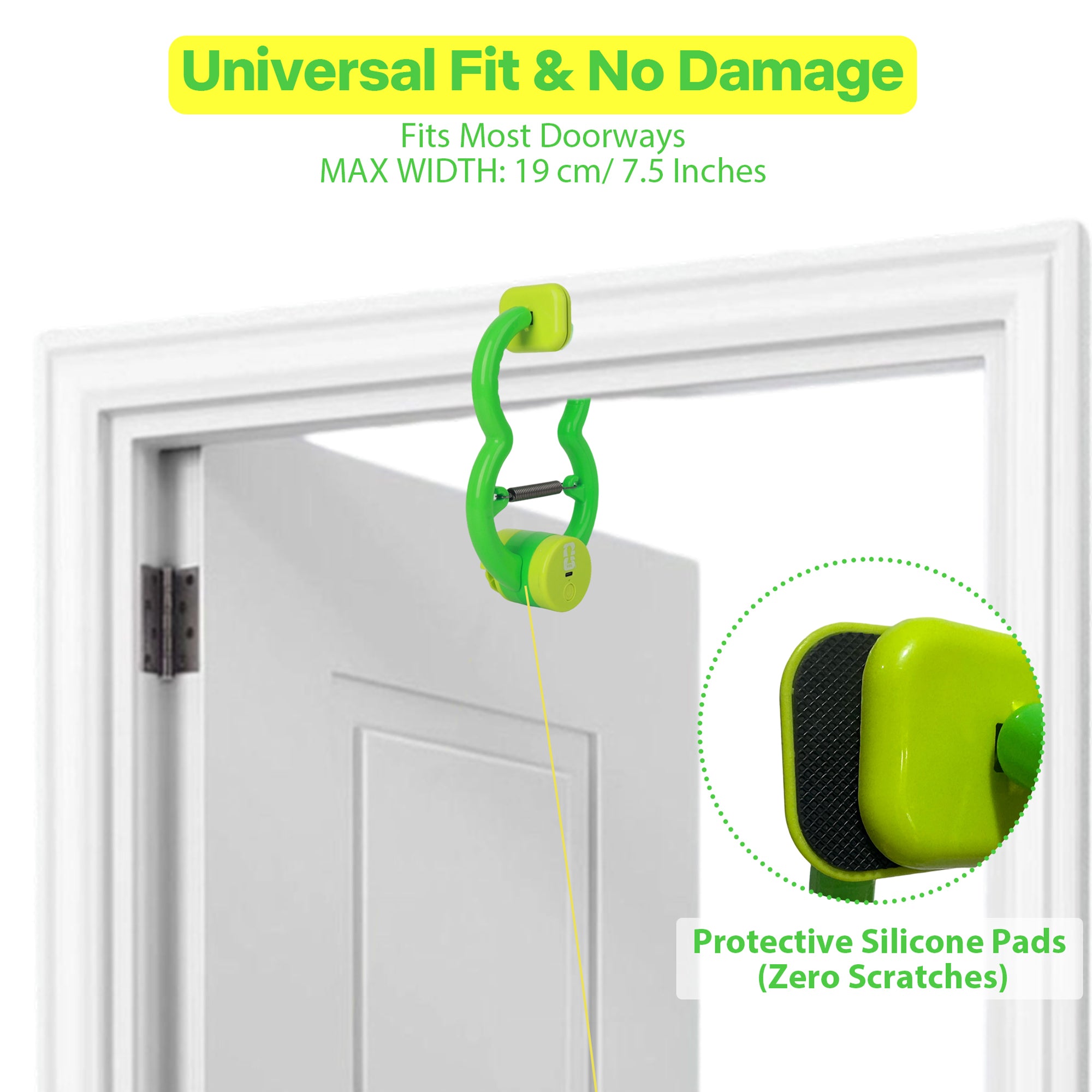 Green door stopper with protective silicone pads on a white door, featuring text about universal fit and no damage.