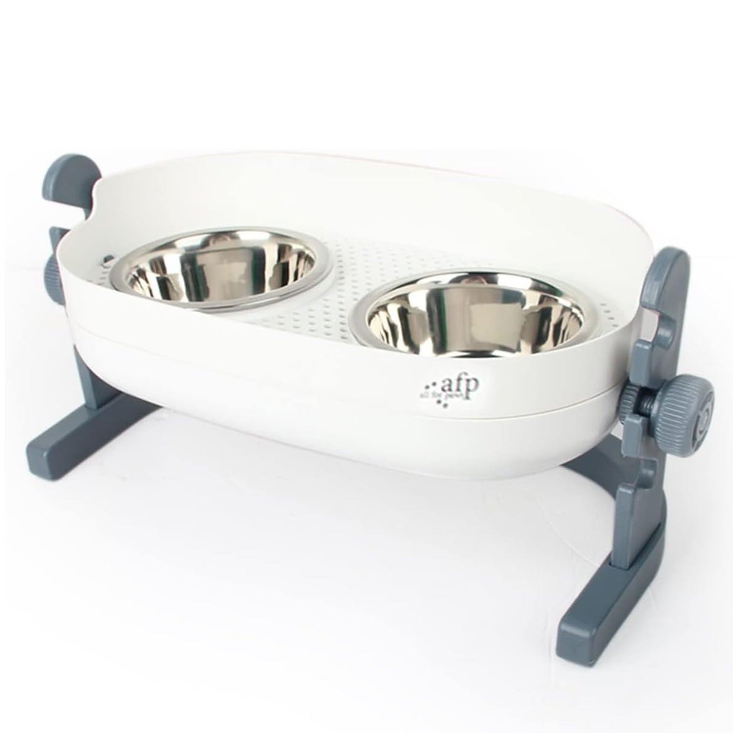 Stainless steel elevated double bowls with a adjustable stand, designed for pets.