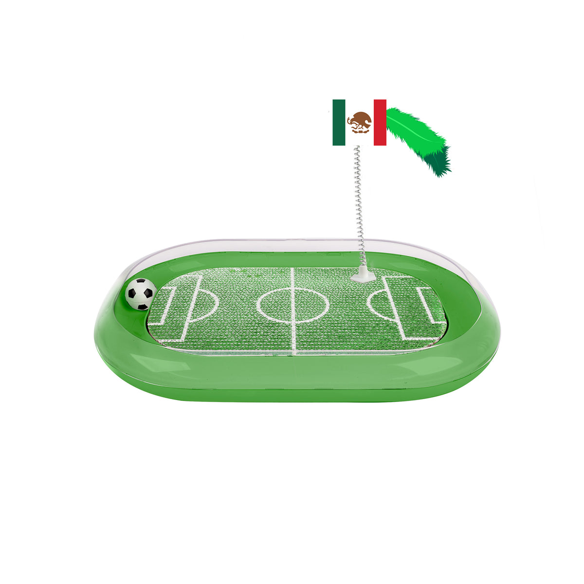 Miniature soccer field with goal and ball on a white background