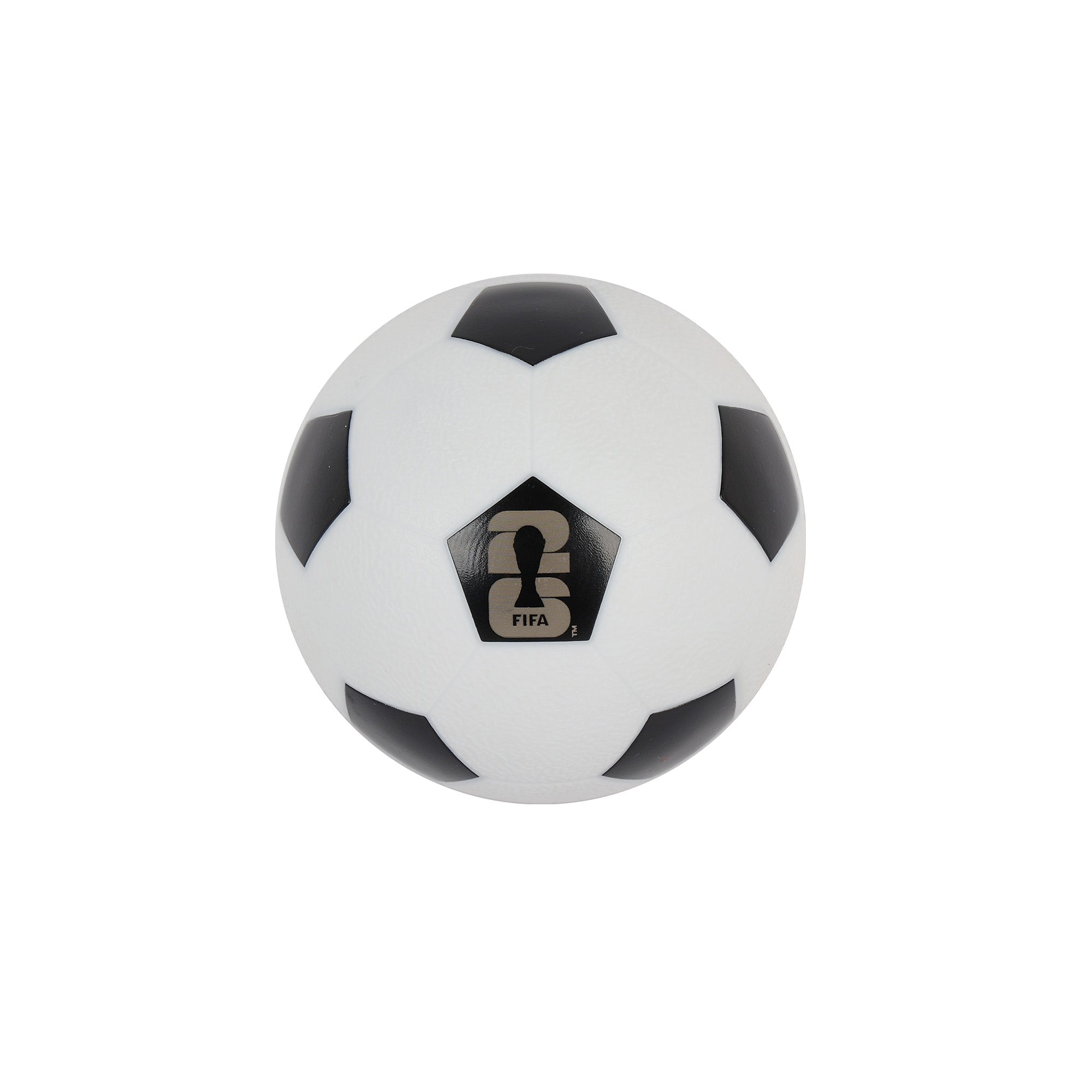 Black and white soccer ball with a logo on a white background