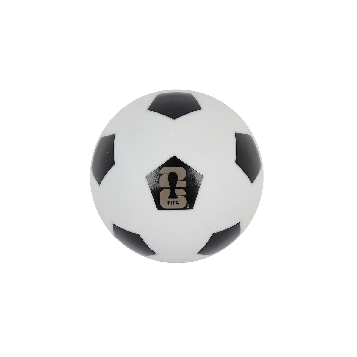 Black and white soccer ball with a logo on a white background