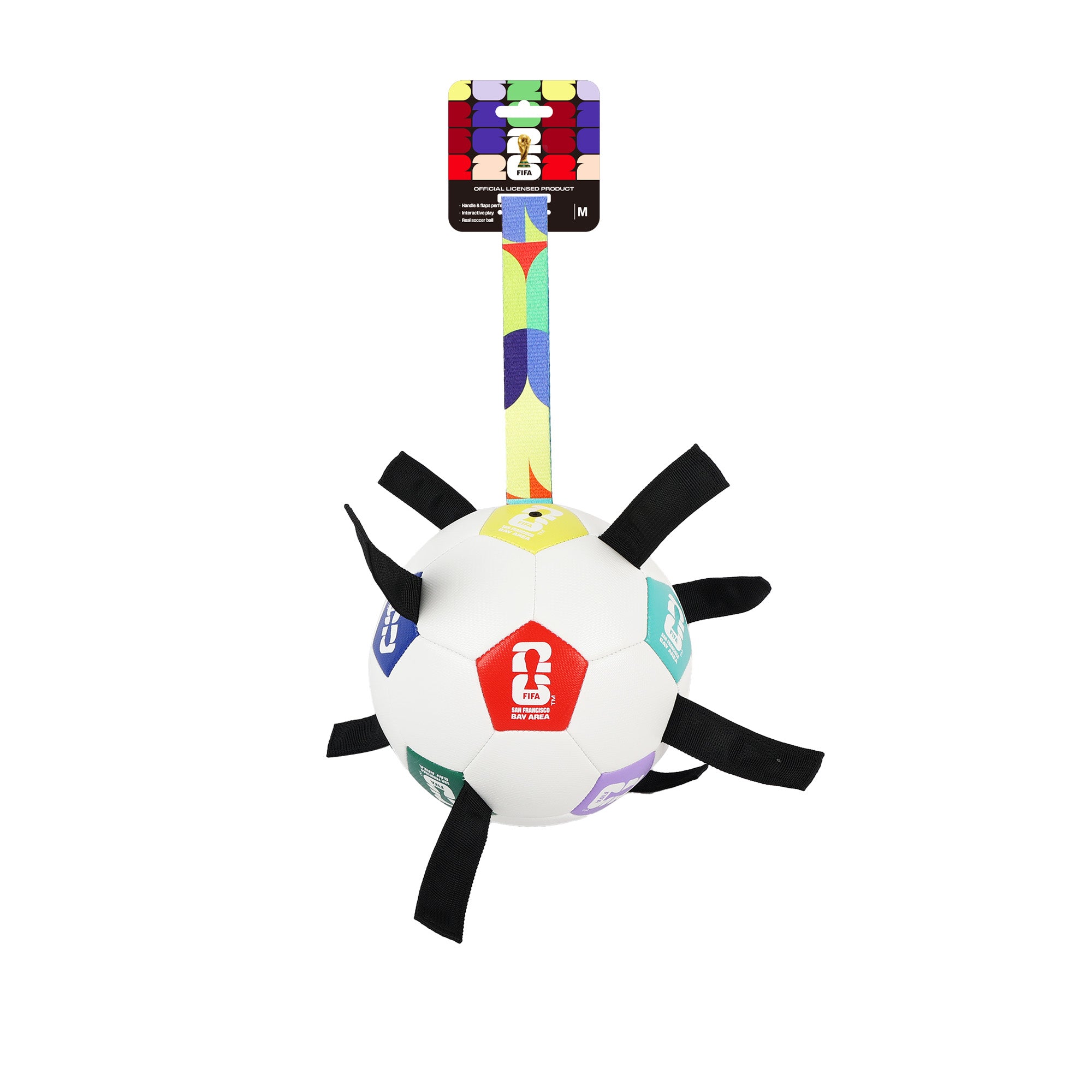 Dog toy with spiky design and colorful handle on a white background
